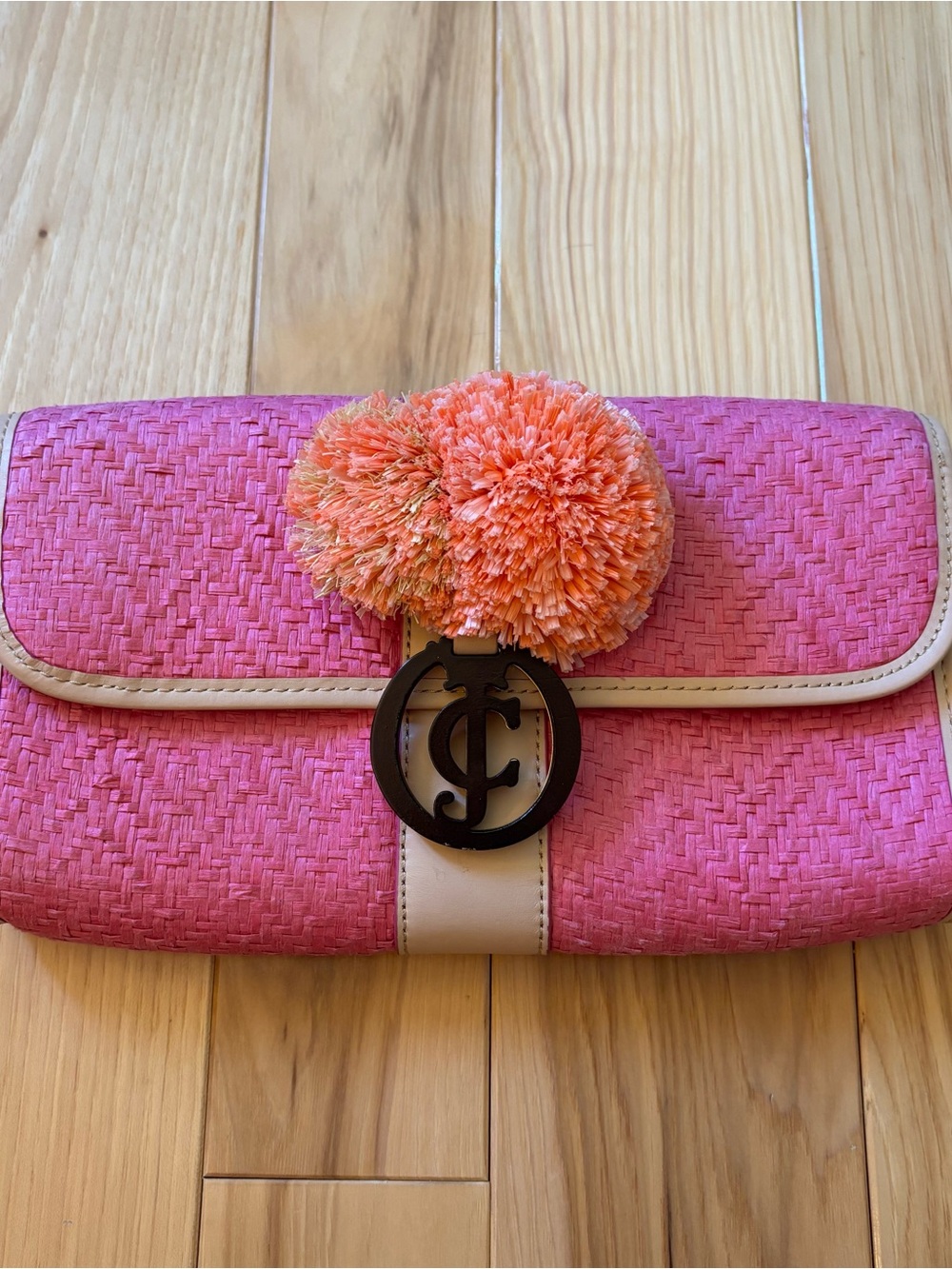 Juicy Couture Pink Woven Straw Pom Accent Clutch Bag